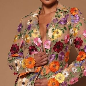 Floral Embroidered Sheer Blazer Set